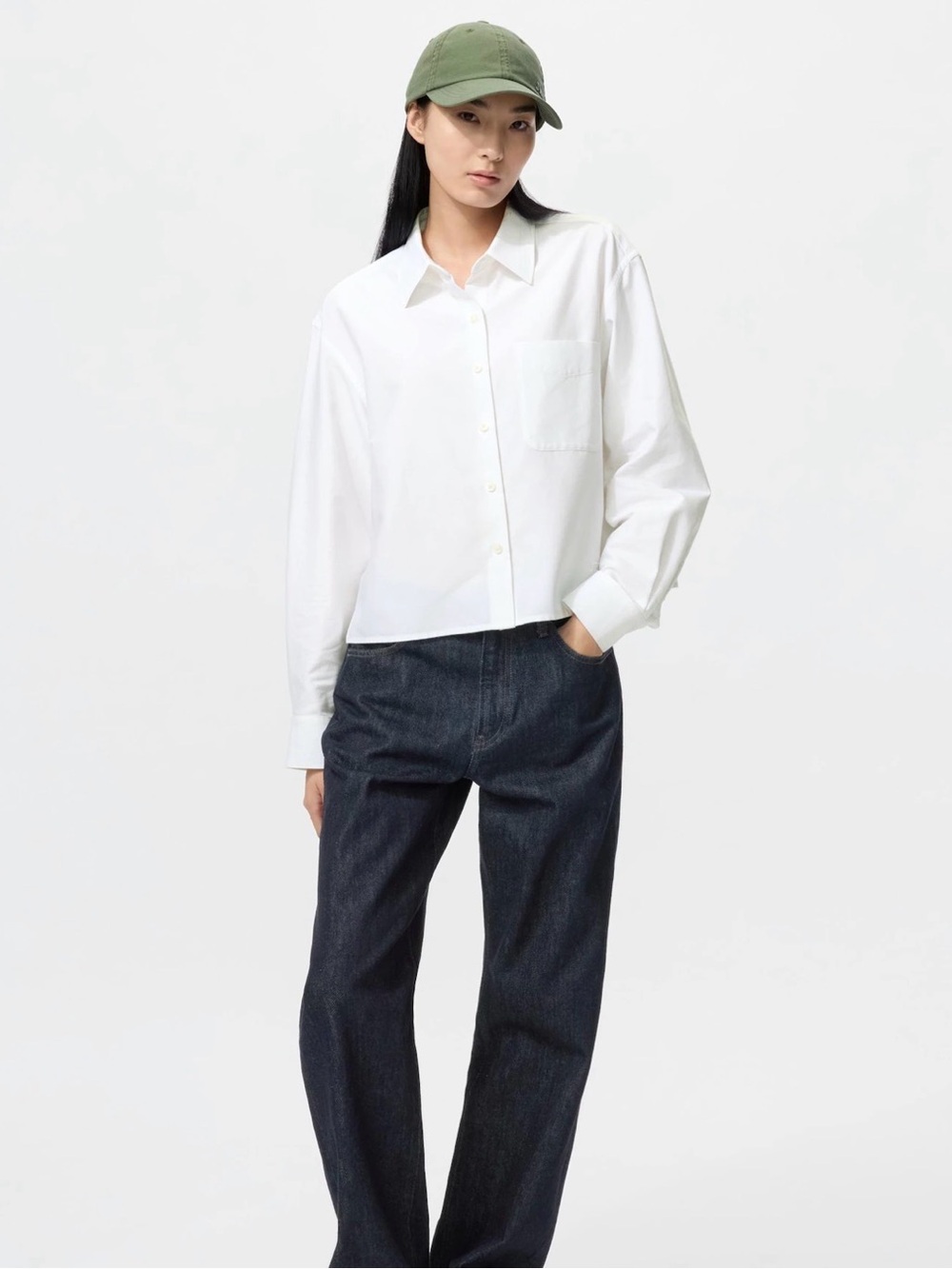 Uniqlo White Button-Up Crop Shirt
